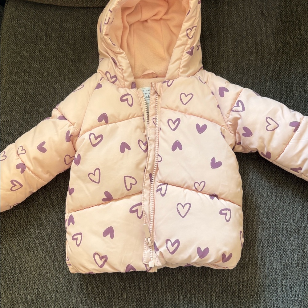 Pink Heart Patterned Hooded Puffer Jacket